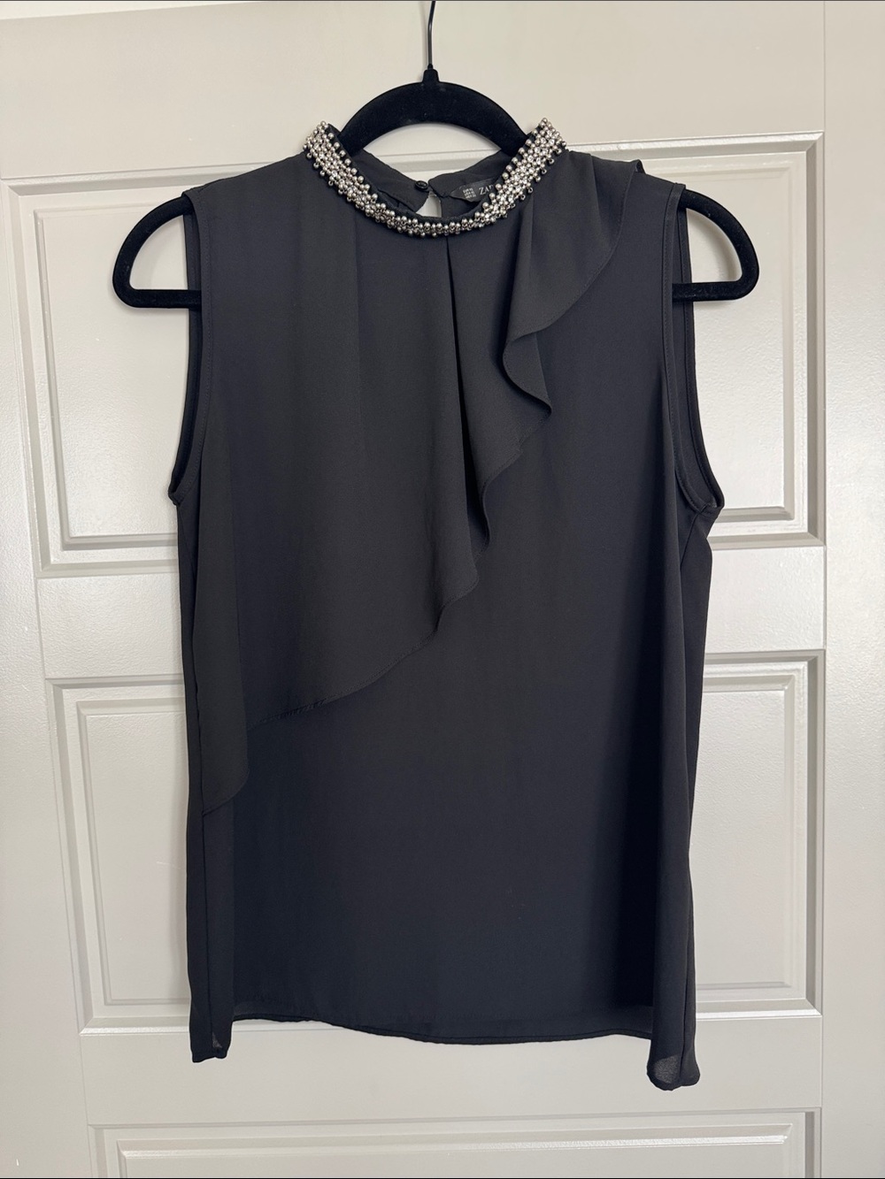 NWOT ZARA Sleeveless Embellished Neck Ruffle Shell Top, XS - Black